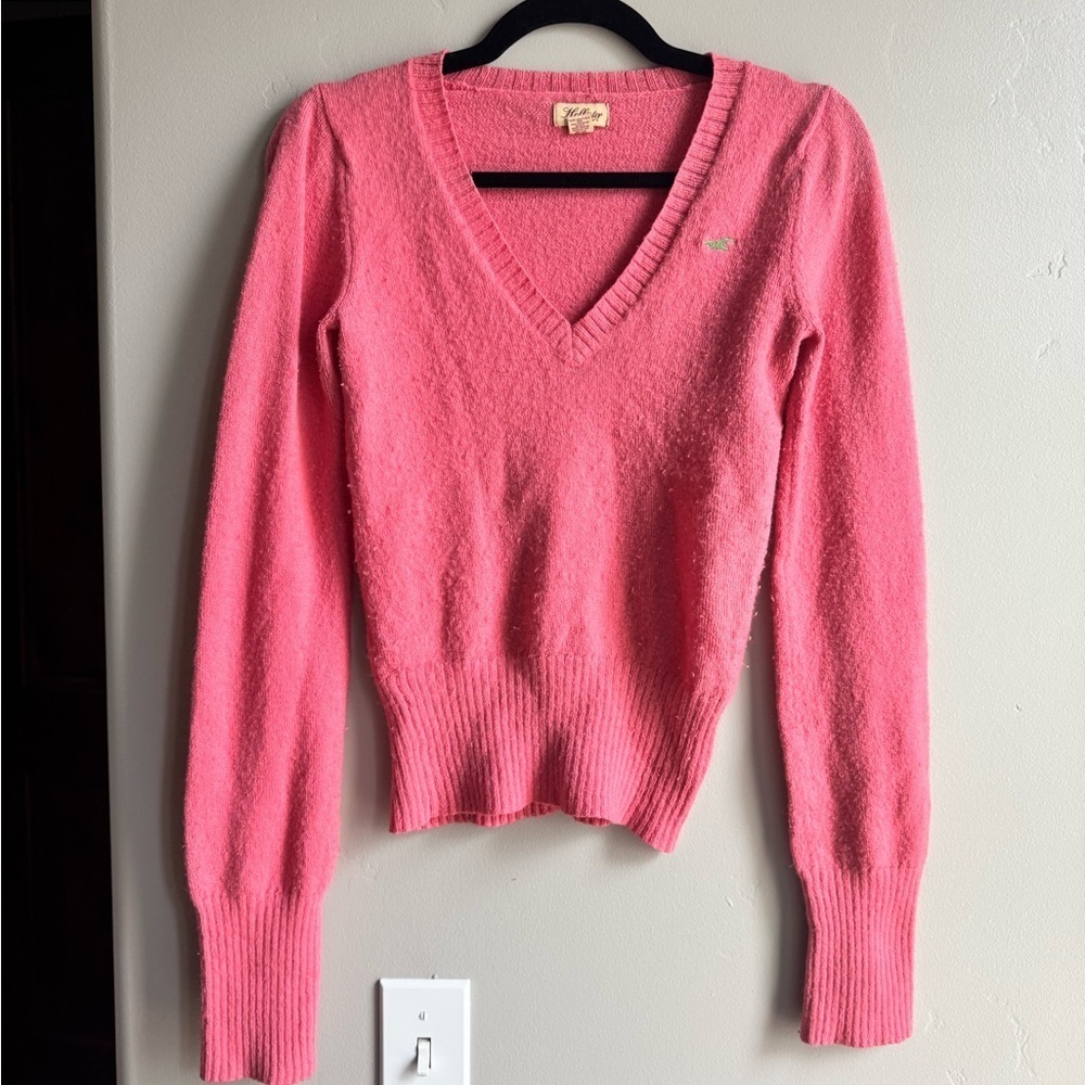Y2K Hollister Pink V-Neck Knit Sweater Soft Girl Coquette Vintage M Colorful